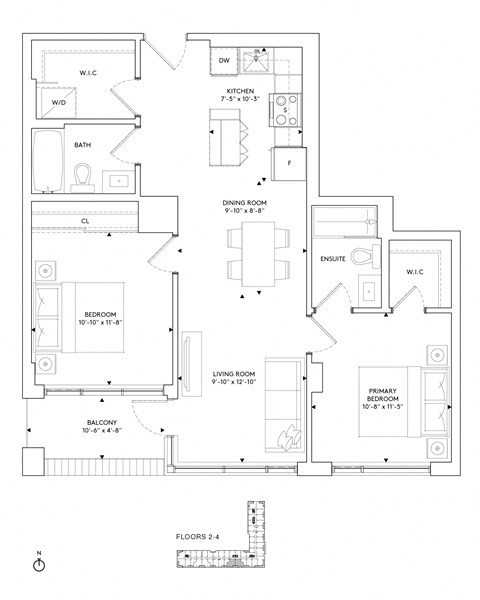 Floor plan for 2 beds, 2 baths, 898 sqft